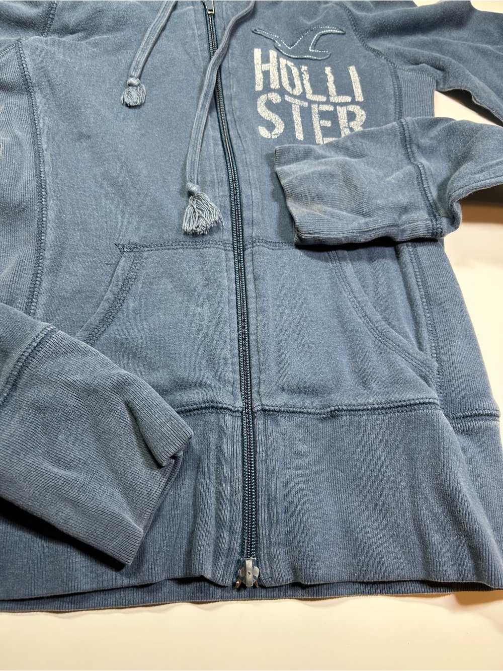 Hollister Women's XS Washed Distressed Navy Blue Full-Zip Hoodie Y2K 100% Cotton - Picture 3 of 12